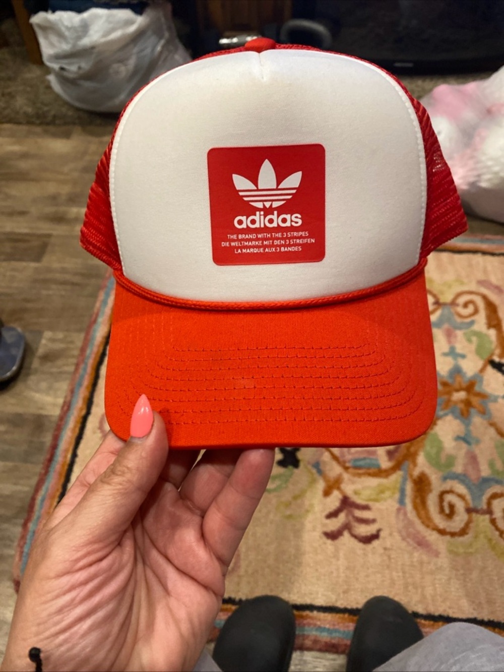 adidas Men's Trucker Hat Red White Adjustable Mesh Back Casual One Size - Picture 2 of 9